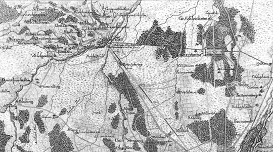 Ausschnitt einer schwarz/weißen historischen Karte von München und dessen Umland.